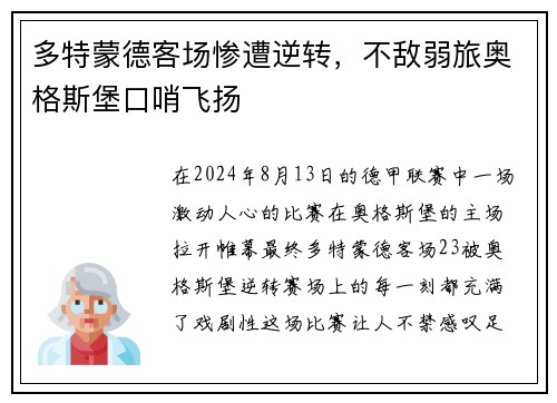 多特蒙德客场惨遭逆转，不敌弱旅奥格斯堡口哨飞扬