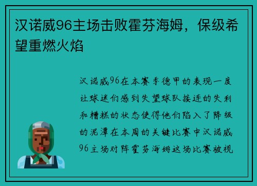 汉诺威96主场击败霍芬海姆，保级希望重燃火焰