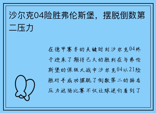 沙尔克04险胜弗伦斯堡，摆脱倒数第二压力